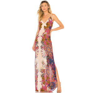 Free People Sheer Spaghetti Strap V-Neck Airy Wildflower Print Maxi Slip Dress